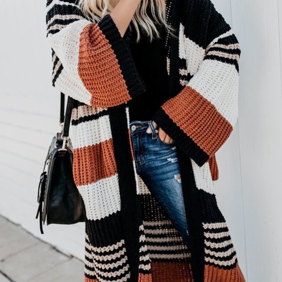 Boho Black White Stripes Knit Open Front Cardigan Casual - Picture 2 of 6